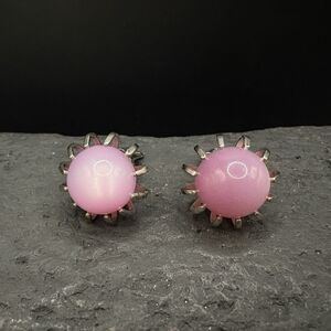 Vintage Cabochon Round Clip On Button Earrings Purple Silver Tone Earrings 3/4”